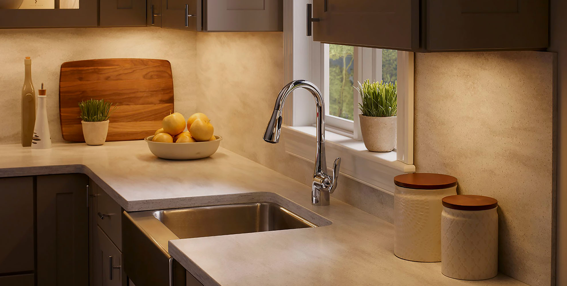 Under cabinet lighting in kitchen with soft ambient glow